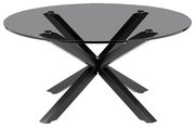 Moderner Couchtisch mit runder Glasplatte und schwarzem Metallgestell, seitliche Perspektive
