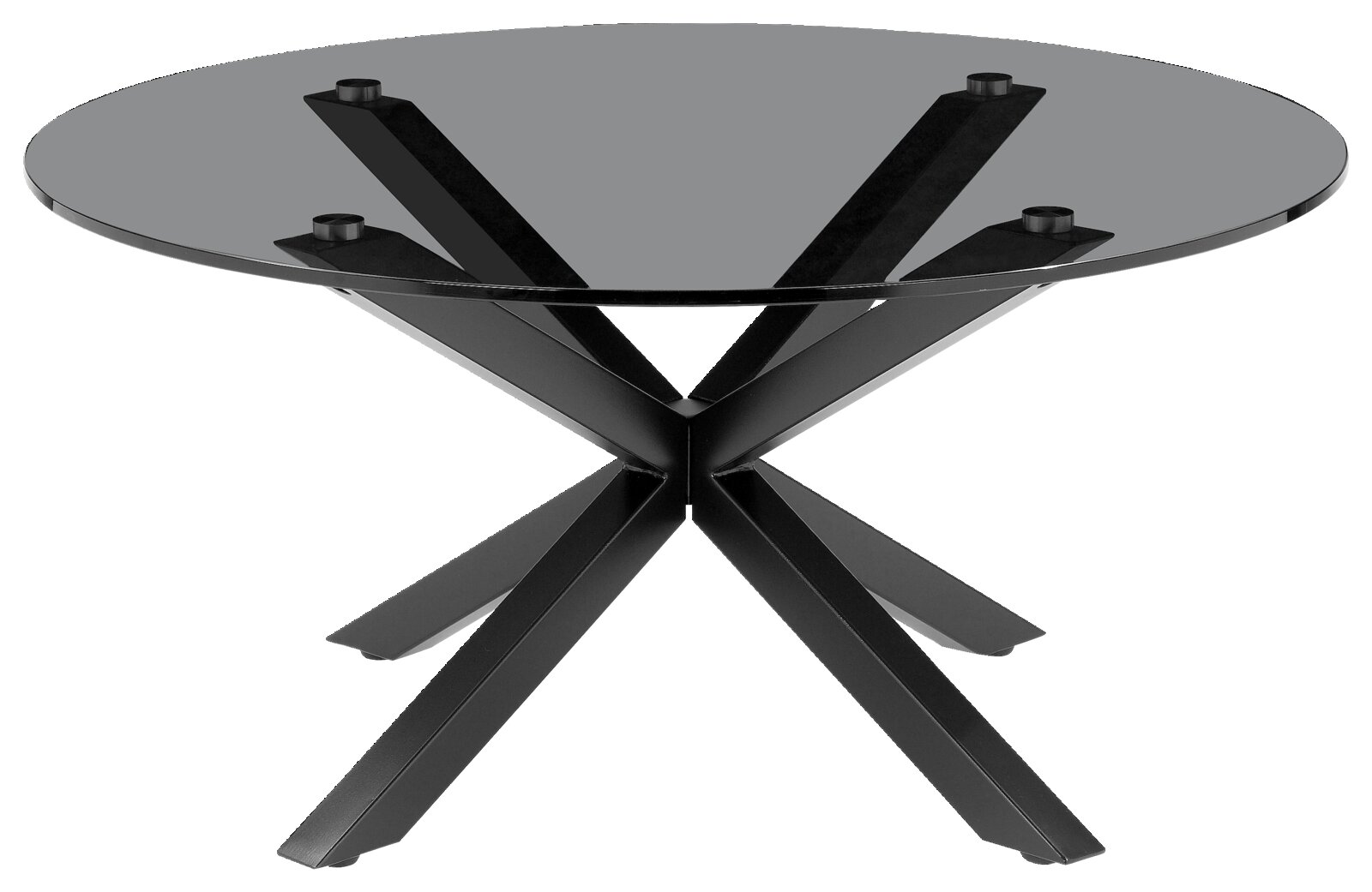 Moderner Couchtisch mit runder Glasplatte und schwarzem Metallgestell, seitliche Perspektive