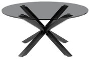 Moderner Couchtisch mit runder Glasplatte und schwarzem Metallgestell, seitliche Perspektive