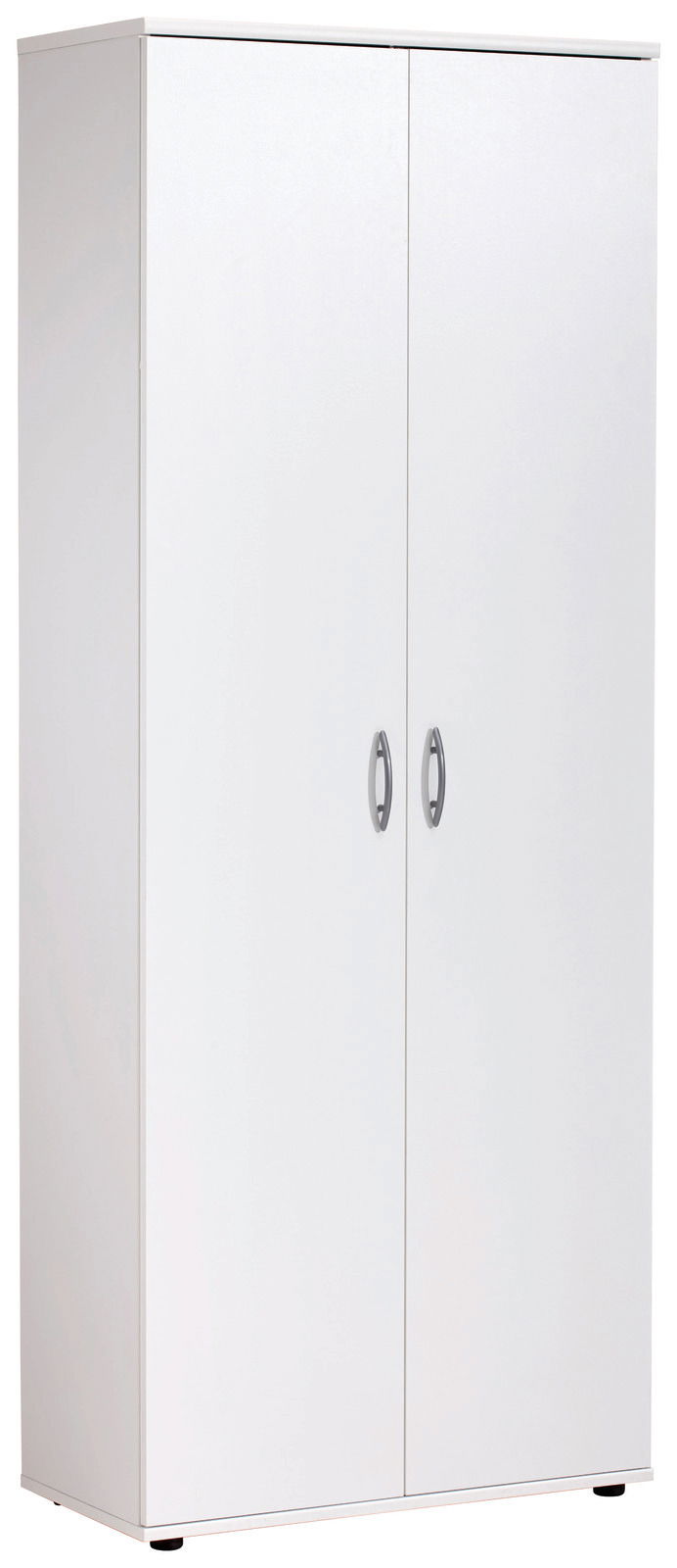 Weißer XL-Schuhschrank mit zwei Türen und silbernen Griffen, seitliche Perspektive