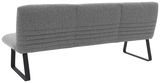 Rückansicht einer grauen Sitzbank mit modernem Design und schwarzen Metallbeinen.