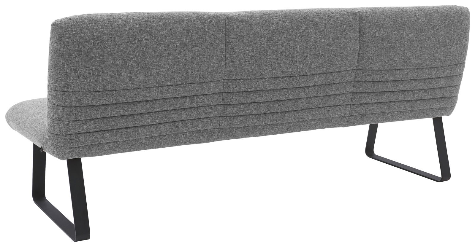 Rückansicht einer grauen Sitzbank mit modernem Design und schwarzen Metallbeinen.