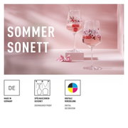 Zwei elegante Sprizzgläser mit floraler Verzierung, gefüllt mit einem sommerlichen Getränk und Beeren, auf einem rosa Hintergrund. Seitliche Perspektive.
