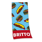 Velourstuch mit buntem Hotdog-Muster auf hellblauem Hintergrund, Markenname Britto am unteren Rand, Draufsicht