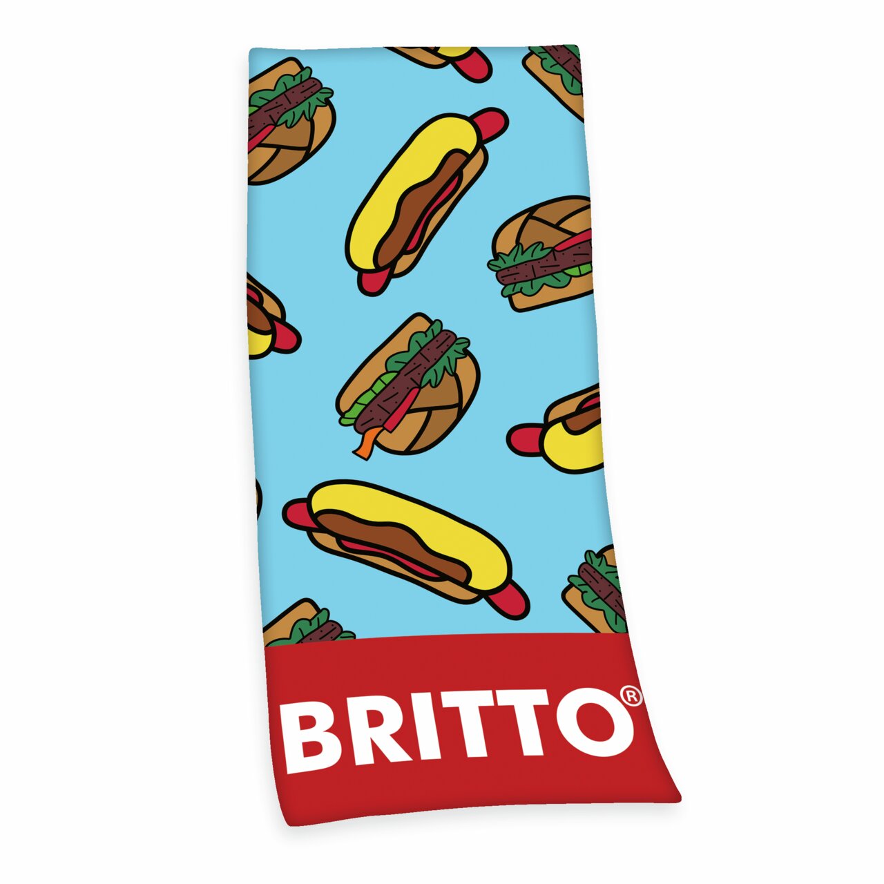 Britto Strandtuch "HOTDOG" 80x180cm Velourstuch mit buntem Hotdog-Muster auf hellblauem Hintergrund, Markenname Britto am unteren Rand, Draufsicht