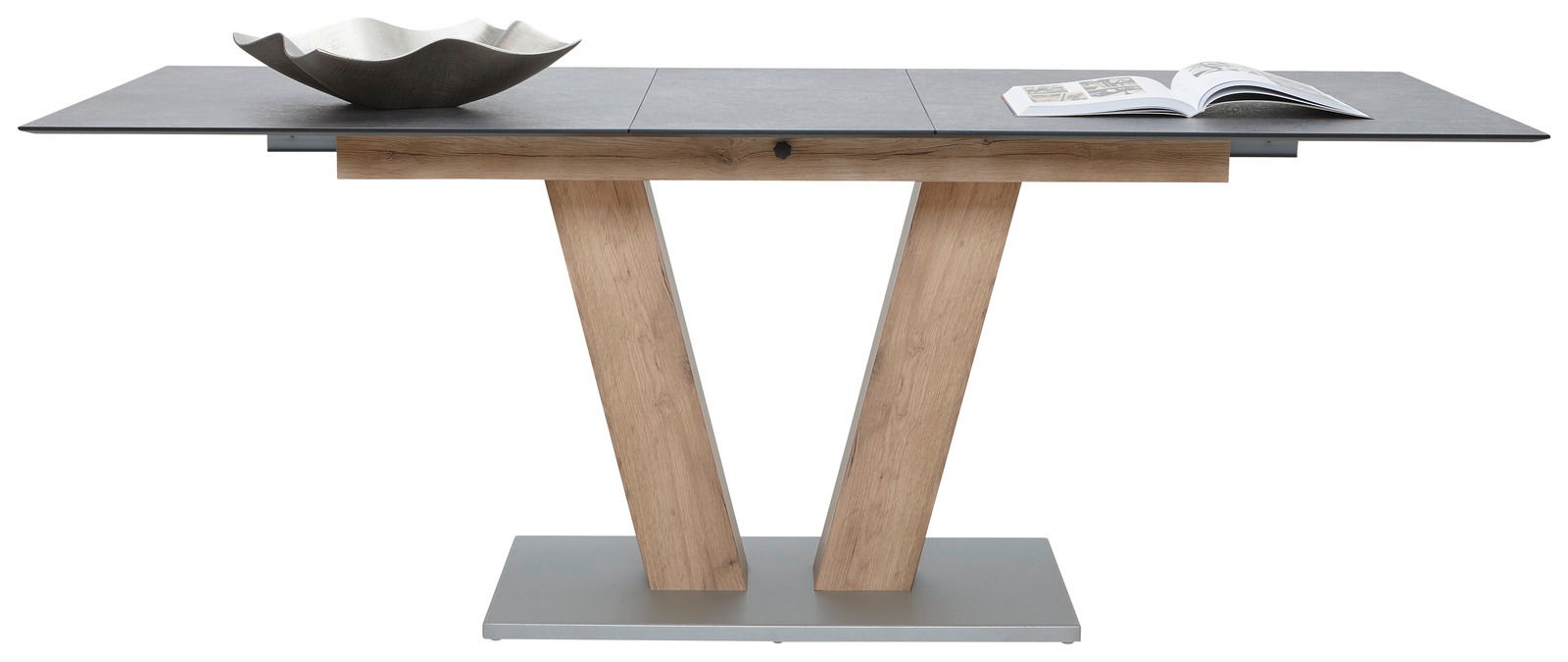 Moderner Esstisch mit V-förmigem Holzgestell und grauer Tischplatte, seitliche Perspektive