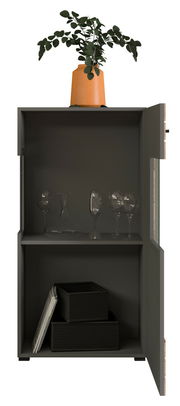 Standschrank mit geöffneter Tür, gefüllt mit Gläsern und dekorativen Boxen, mit einer Pflanze in einem orangefarbenen Topf auf der Oberseite, Frontalansicht.