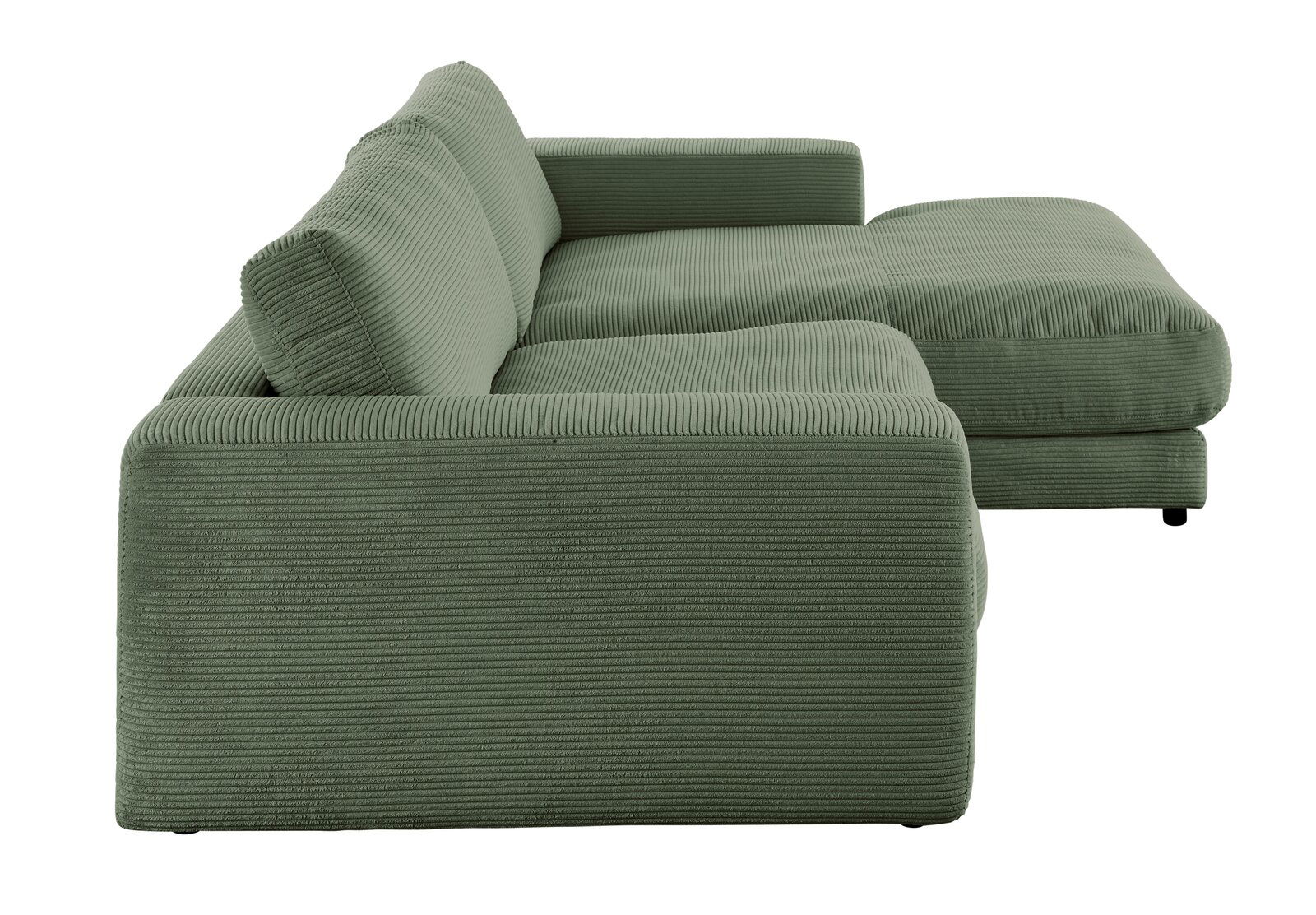 Grünes Longchair-Sofa aus geripptem Stoff, seitliche Perspektive