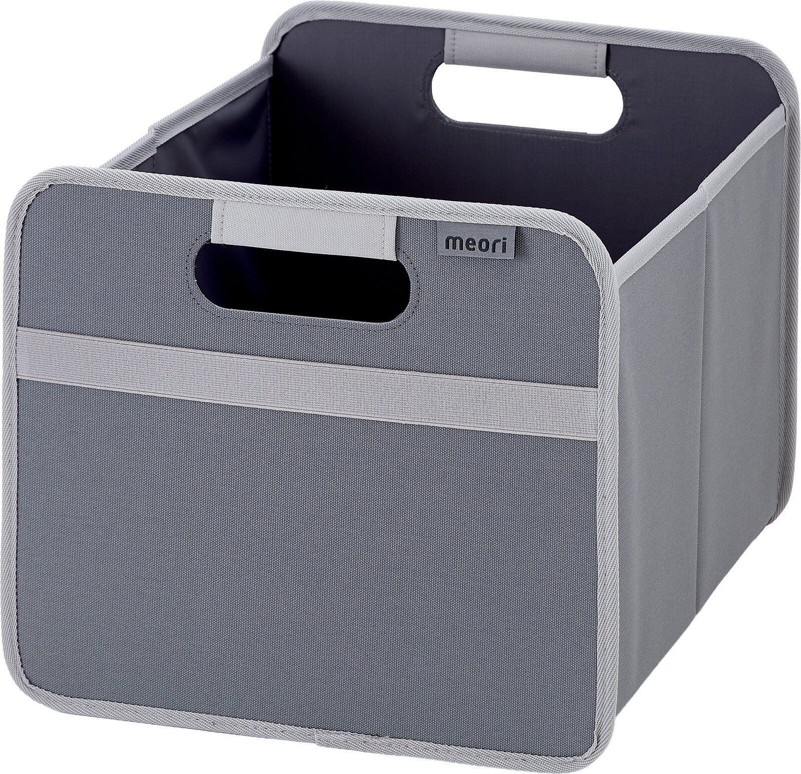 Graue faltbare Aufbewahrungsbox von meori mit Tragegriffen, schräg von vorne oben fotografiert