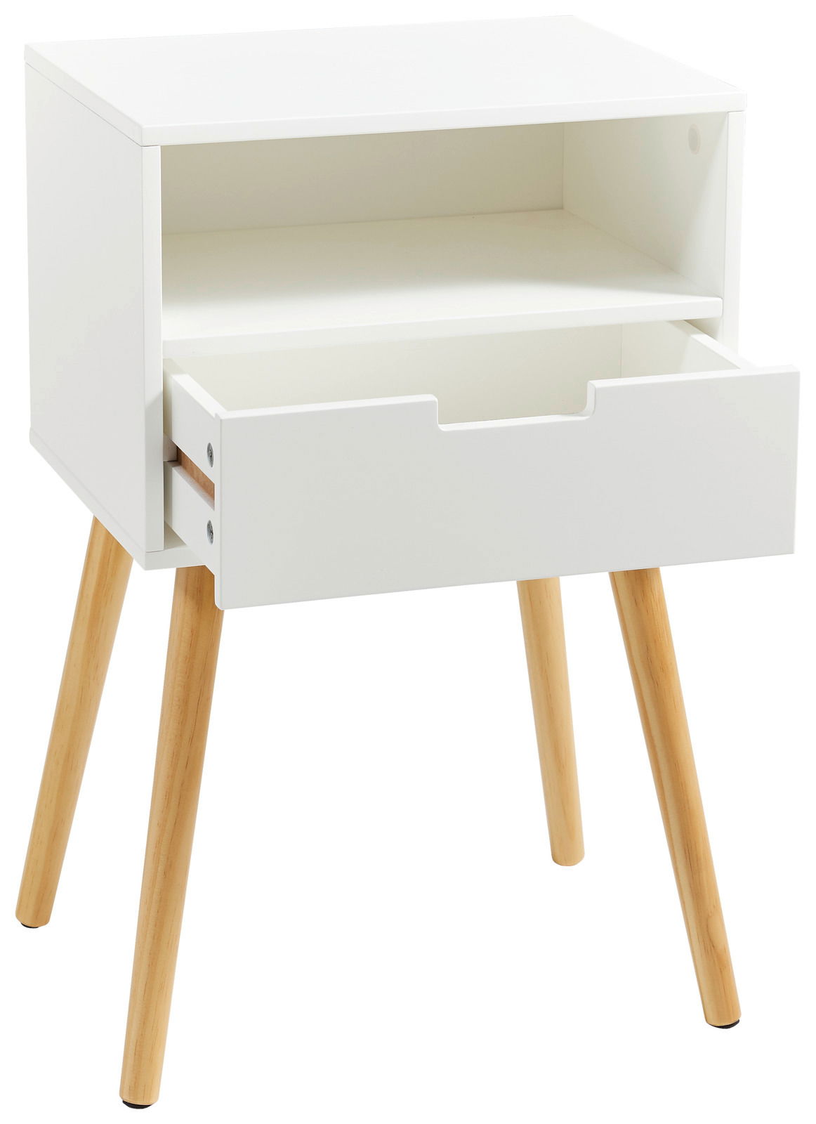 Weiße Nachtkommode mit einem offenen Fach und einer Schublade, auf vier schrägen Holzbeinen, Perspektive von vorne rechts