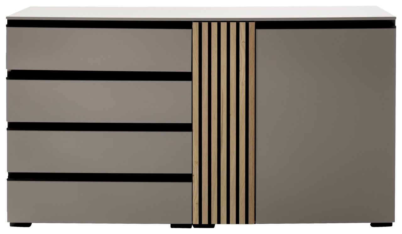 Frontale Ansicht eines modernen Sideboards mit grauen Schubladen und einer Holztür mit vertikalen Streifen.