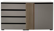 Frontale Ansicht eines modernen Sideboards mit grauen Schubladen und einer Holztür mit vertikalen Streifen.
