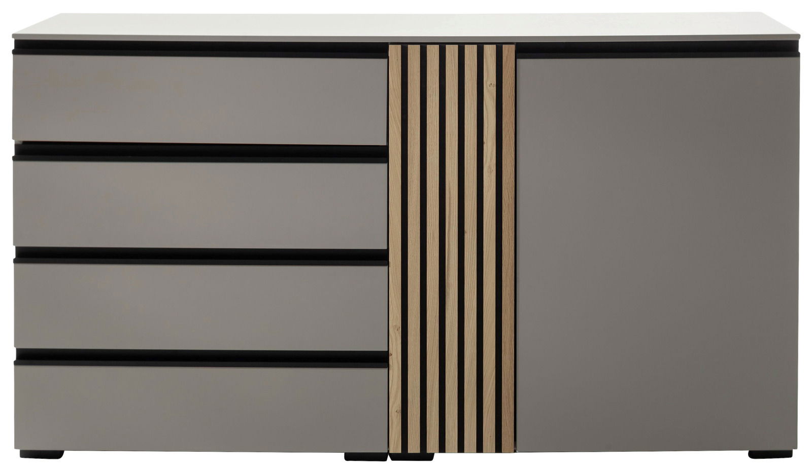 Frontale Ansicht eines modernen Sideboards mit grauen Schubladen und einer Holztür mit vertikalen Streifen.
