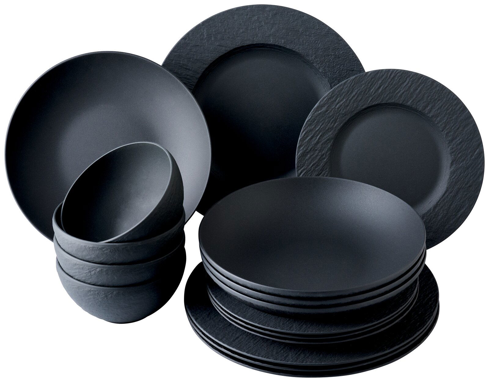 Villeroy & Boch Kombiservice 16-tlg. MANUFACTURE ROCK Schwarzes Geschirrset aus 16 Teilen, bestehend aus Tellern und Schalen, in einer leicht seitlichen Perspektive.