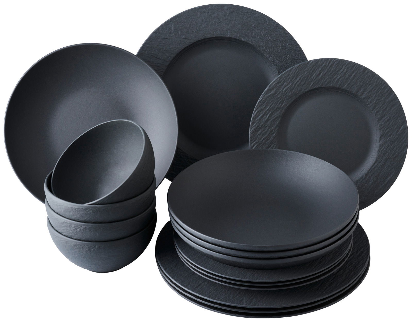 Villeroy & Boch Kombiservice 16-tlg. MANUFACTURE ROCK Schwarzes Geschirrset aus 16 Teilen, bestehend aus Tellern und Schalen, in einer leicht seitlichen Perspektive.
