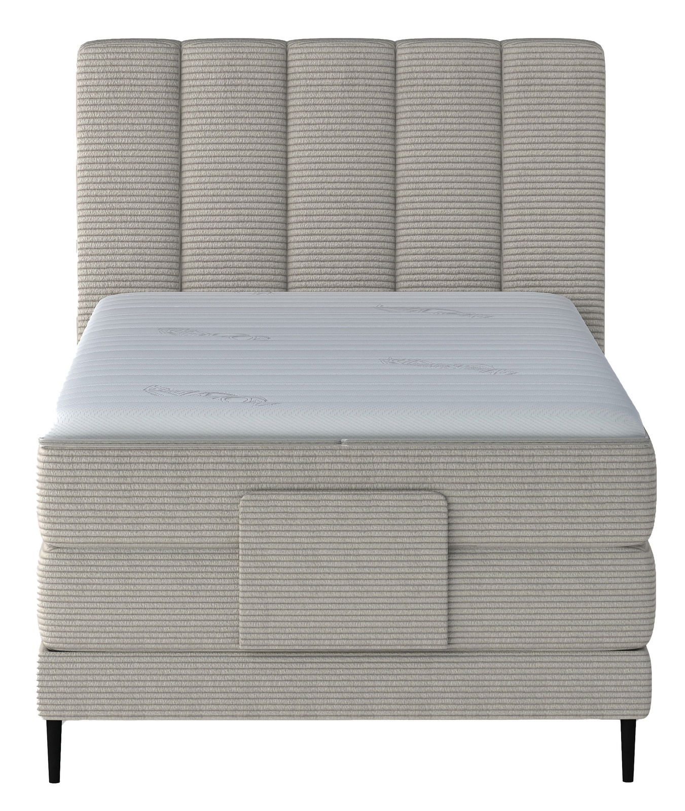 Frontansicht eines grauen Boxspringbetts mit gestepptem Kopfteil und schwarzen Füßen