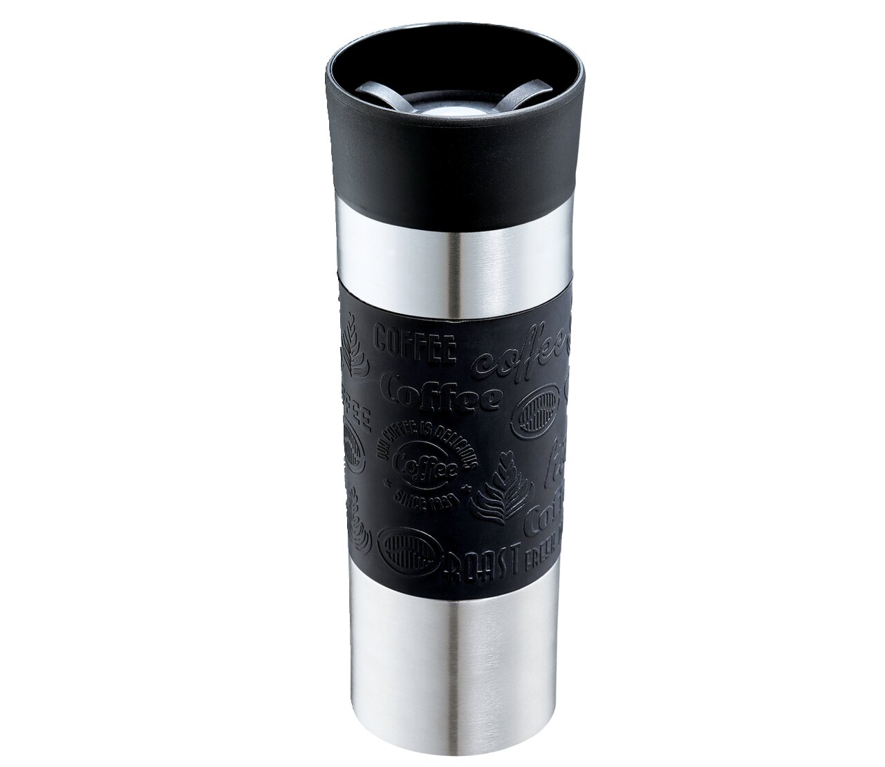 Isoliertrinkbecher 500ml in Schwarz und Edelstahl mit Kaffeedesign, seitliche Perspektive