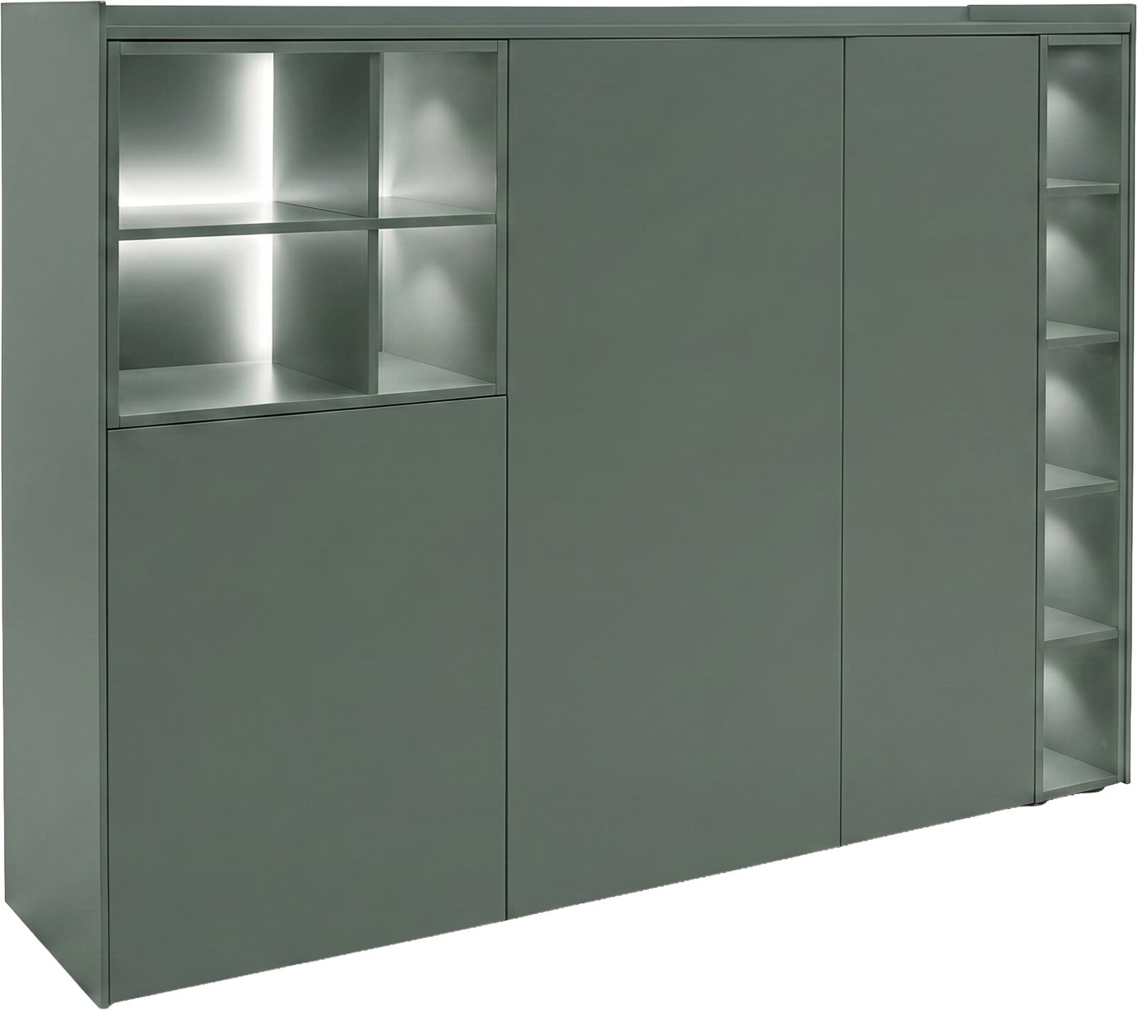 Modernes Sideboard in mattem Dunkelgrün mit geschlossenen Türen, links offenem Regal mit vier Fächern und rechts schmalen offenen Ablagen, Ansicht schräg von vorne