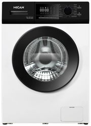 Frontansicht einer modernen Stand-Waschmaschine mit digitalem Display und großer runder Tür.