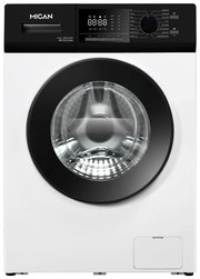 Frontansicht einer modernen Stand-Waschmaschine mit digitalem Display und großer runder Tür.