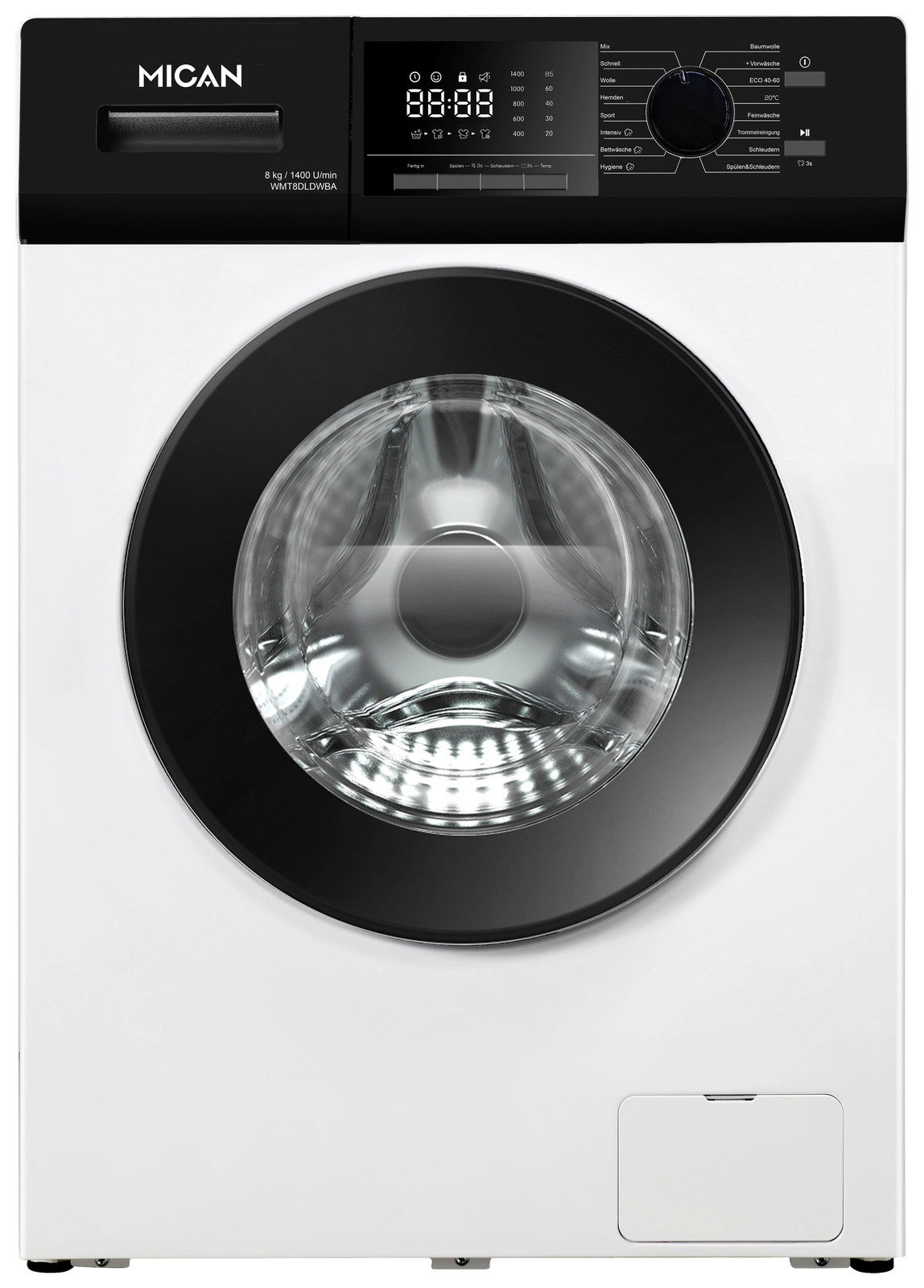 Frontansicht einer modernen Stand-Waschmaschine mit digitalem Display und großer runder Tür.