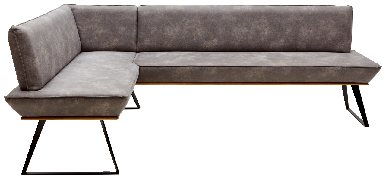 Eckbank in grauem Stoffbezug mit schwarzem Metallgestell, seitliche Perspektive