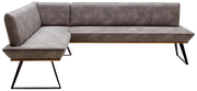 Eckbank in grauem Stoffbezug mit schwarzem Metallgestell, seitliche Perspektive