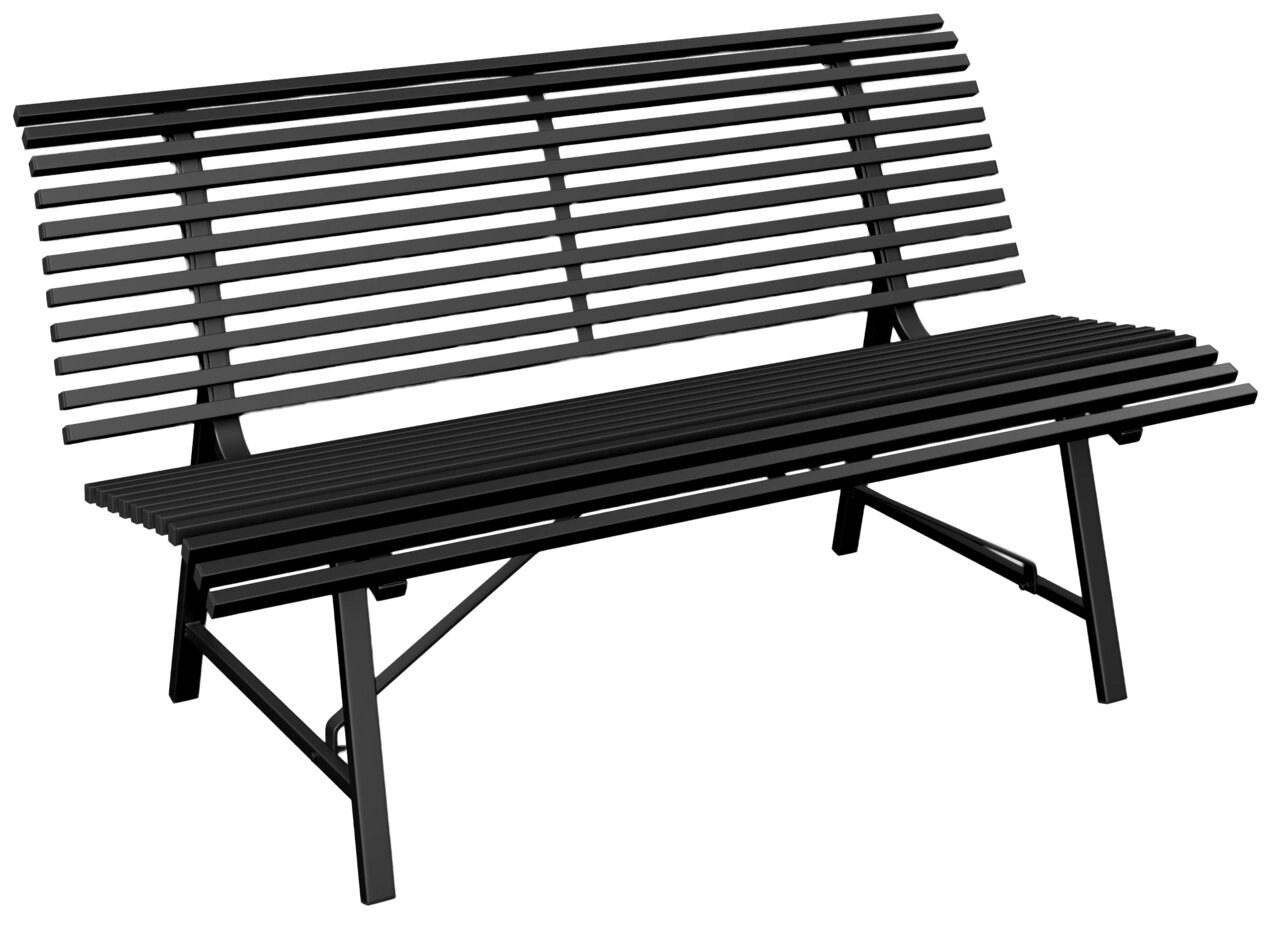 Schwarze Gartenbank aus Metall mit Lattenoptik, seitliche Perspektive