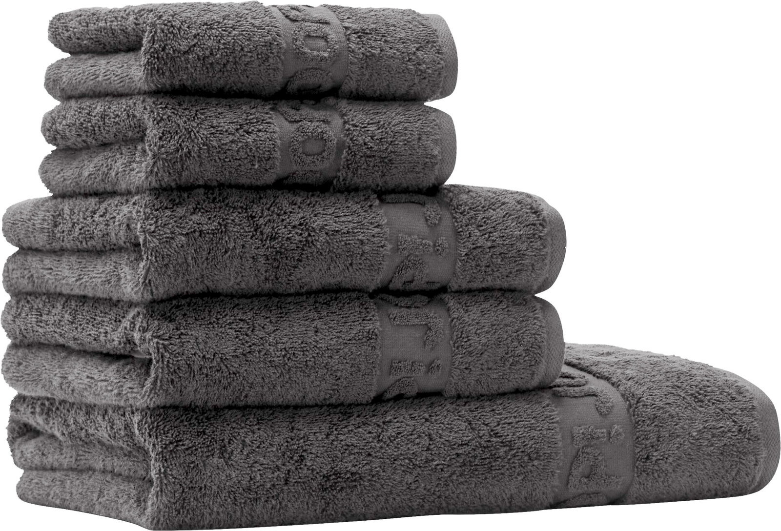 JOOP! Frottierset 5-teilig STUDIO Stapel aus fünf gefalteten, flauschigen grauen Frottee-Handtüchern mit eingewebter Bordüre, freigestellt auf weißem Hintergrund, Frontansicht leicht seitlich