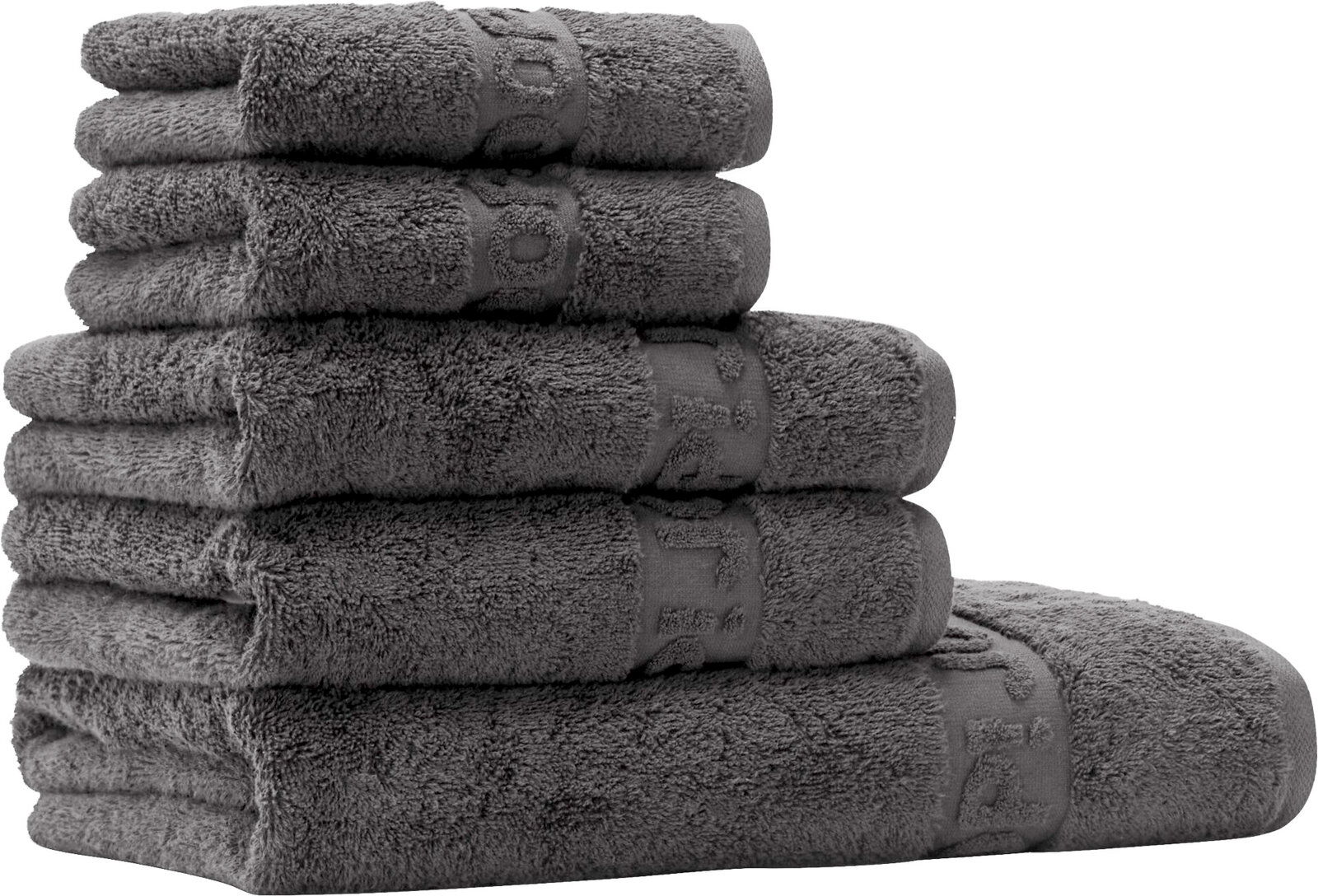 JOOP! Frottierset 5-teilig STUDIO Stapel aus fünf gefalteten, flauschigen grauen Frottee-Handtüchern mit eingewebter Bordüre, freigestellt auf weißem Hintergrund, Frontansicht leicht seitlich