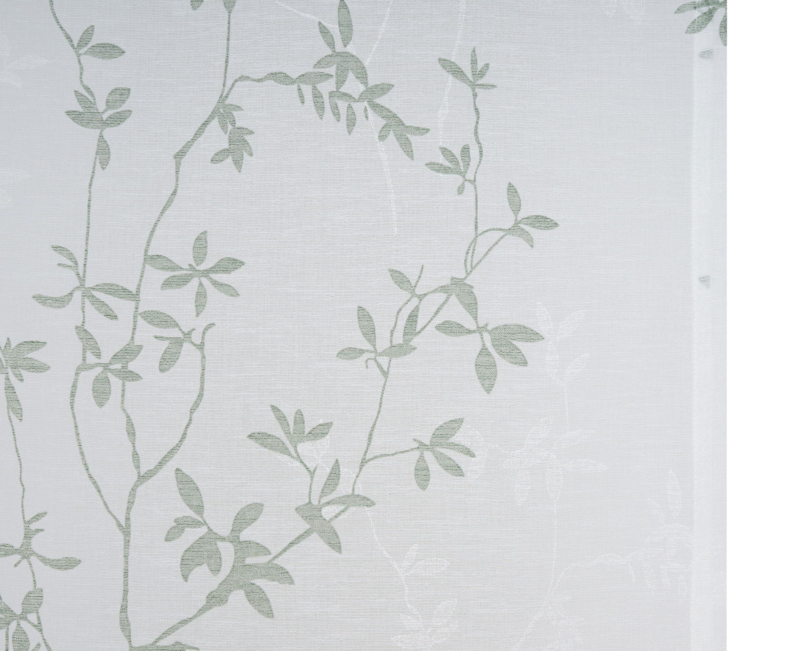 Schiebevorhang mit zartem Blattmuster in Grün auf weißem Hintergrund, seitliche Perspektive