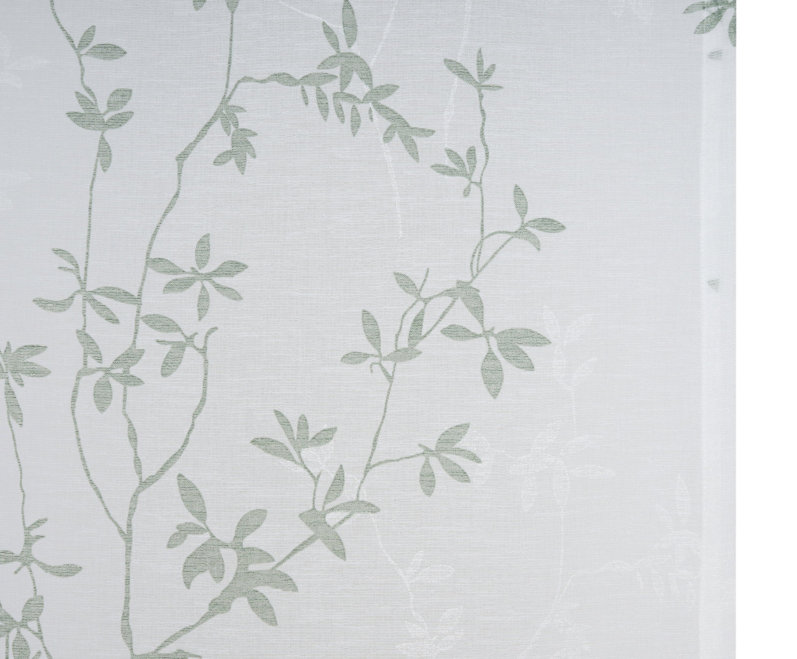 Schiebevorhang mit zartem Blattmuster in Grün auf weißem Hintergrund, seitliche Perspektive