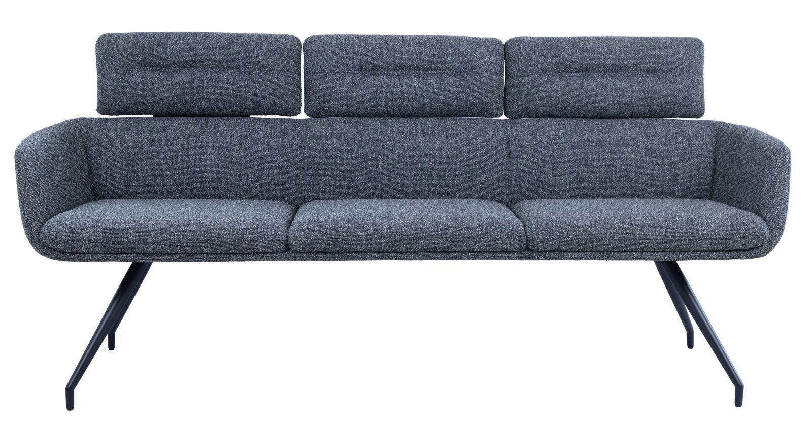 Graue Sitzbank mit drei gepolsterten Rückenkissen und modernen Metallbeinen, Frontalansicht.