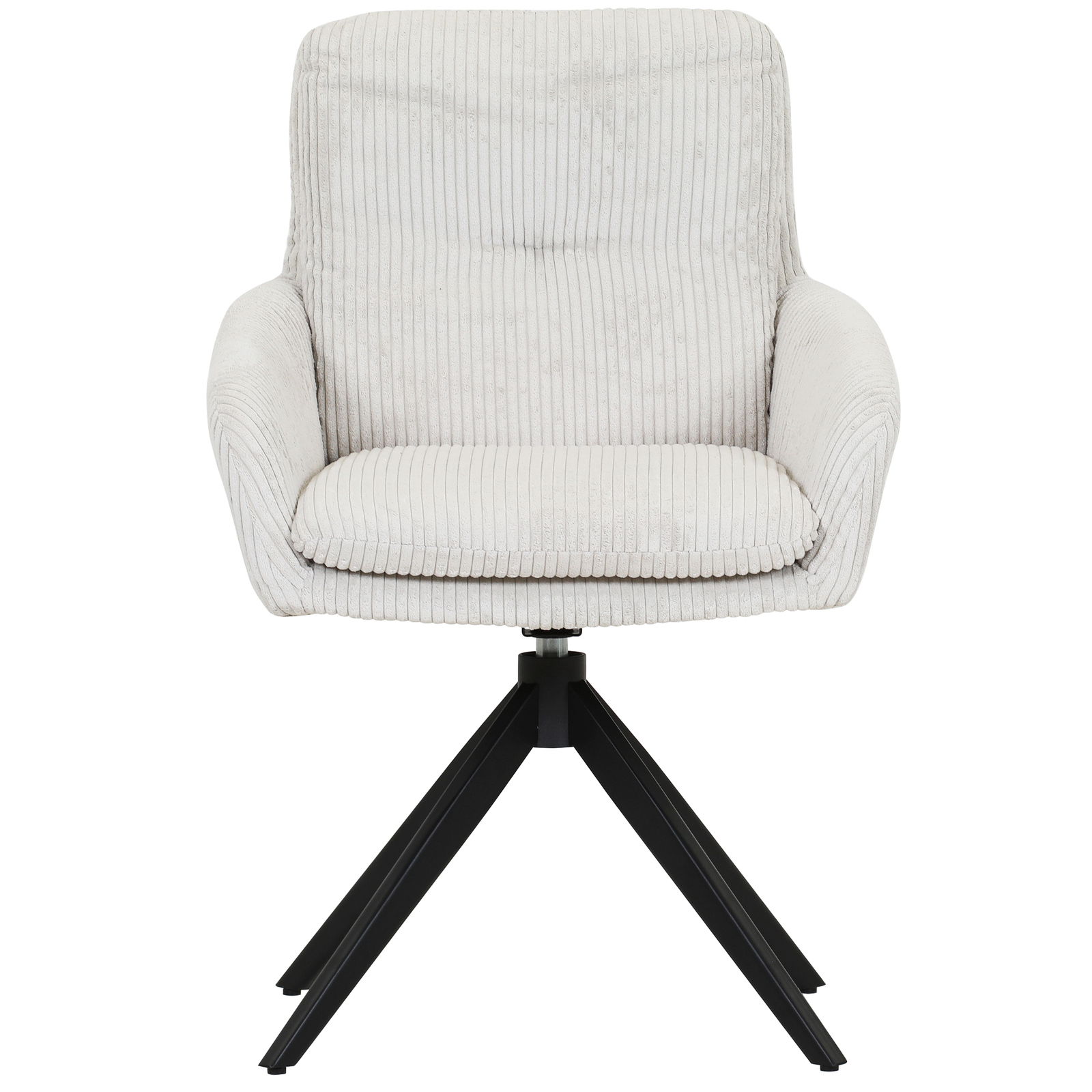 Frontansicht eines modernen Armlehnstuhls mit hellem, geripptem Stoffbezug und schwarzem Metallgestell.