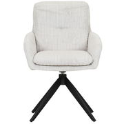 Frontansicht eines modernen Armlehnstuhls mit hellem, geripptem Stoffbezug und schwarzem Metallgestell.