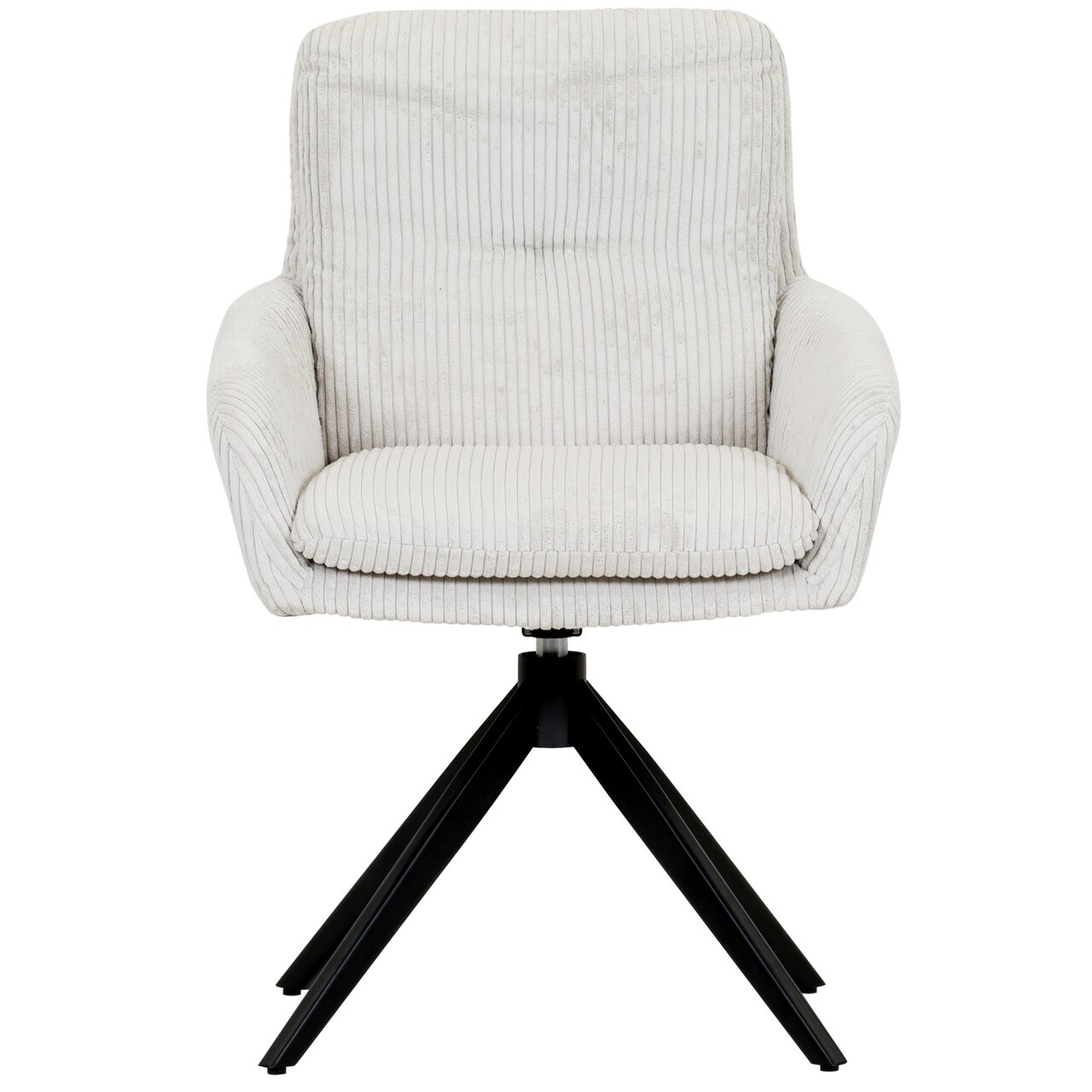 Vooraanzicht van een moderne fauteuil met een lichte, geribbelde stoffen bekleding en een zwart metalen frame.