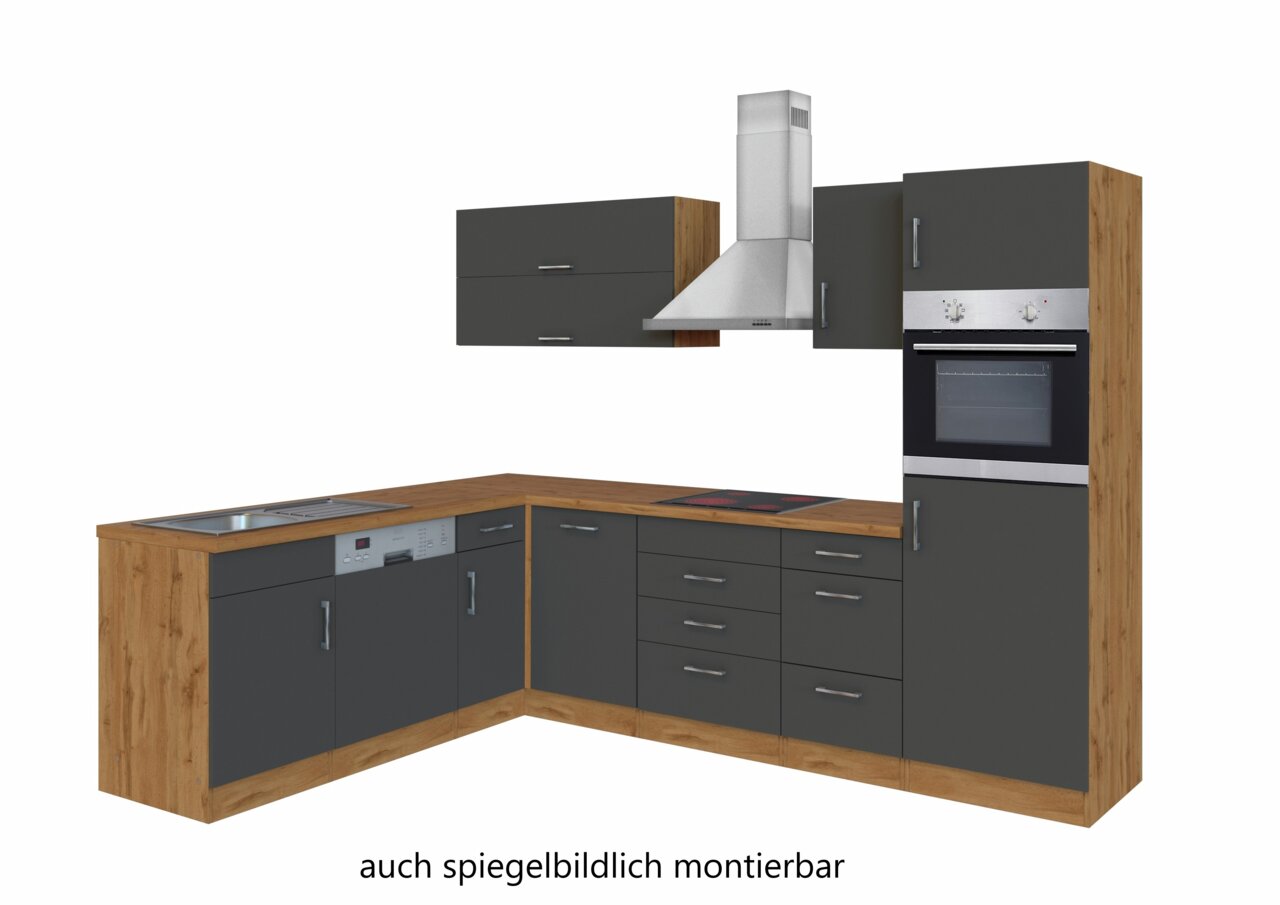 Eck-Küchenzeile in L-Form mit dunklen Fronten und Holzoptik, inklusive Herd, Ofen und Dunstabzugshaube, perspektivisch von vorne rechts betrachtet.