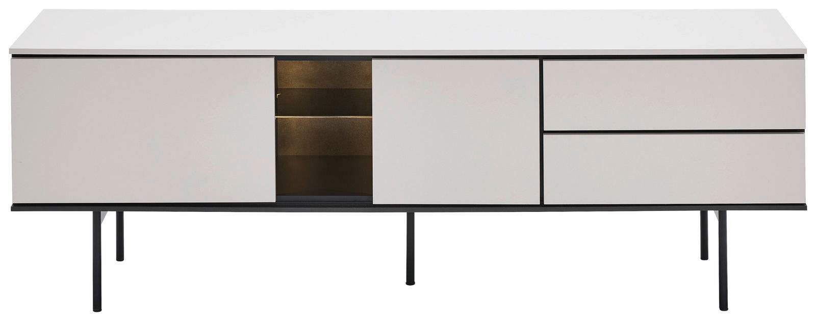 Modernes TV-Lowboard in Weiß mit schwarzen Akzenten, frontal betrachtet. Es verfügt über zwei Schubladen und ein offenes Fach mit Beleuchtung.