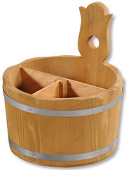 Runder Besteckbehälter aus Kiefernholz mit Trennfächern und Griff, seitliche Perspektive