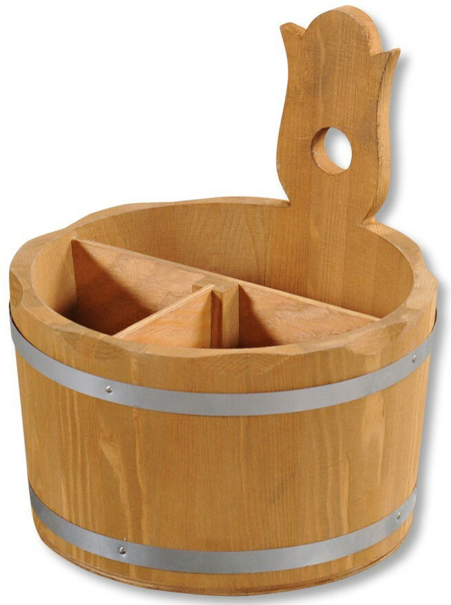 Runder Besteckbehälter aus Kiefernholz mit Trennfächern und Griff, seitliche Perspektive