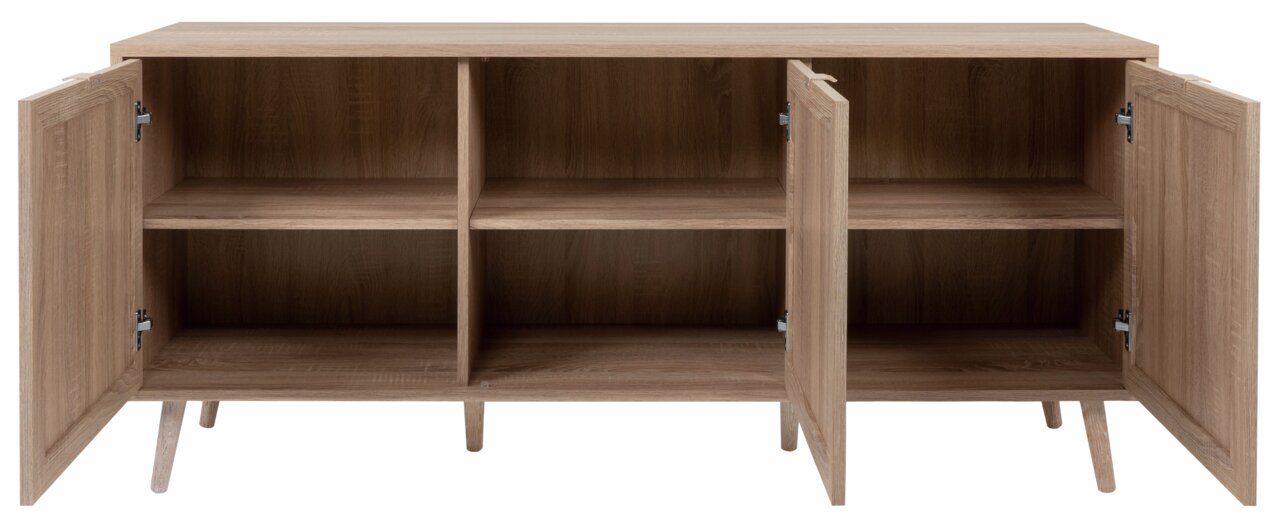 Frontale Ansicht eines Sideboards aus Holz mit offenen Türen, das sechs Fächer zeigt.