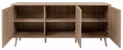 Frontale Ansicht eines Sideboards aus Holz mit offenen Türen, das sechs Fächer zeigt.