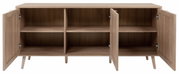 Frontale Ansicht eines Sideboards aus Holz mit offenen Türen, das sechs Fächer zeigt.
