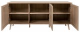 Frontale Ansicht eines Sideboards aus Holz mit offenen Türen, das sechs Fächer zeigt.