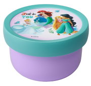 Runde Lunchbox mit Disney-Prinzessinnen-Design, lila Unterteil und türkisfarbenem Deckel, von schräg oben betrachtet.