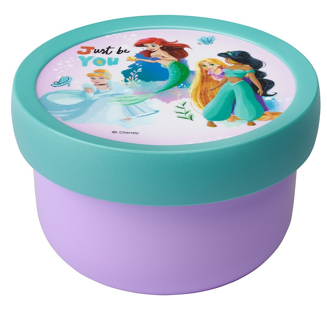 Ronde lunchbox met Disney-prinsessenmotief, paarse onderkant en turquoise deksel, gezien vanuit een schuine hoek van bovenaf.