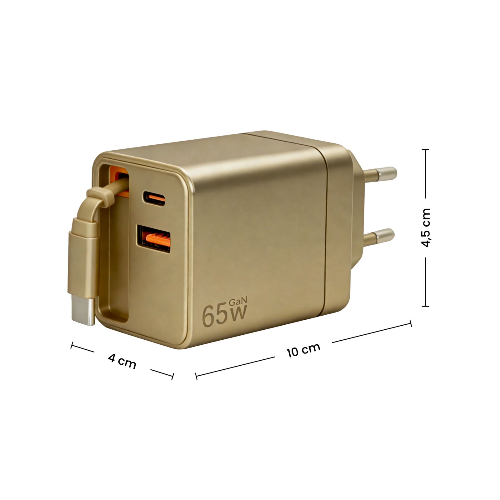 Goldfarbenes 65W-GaN-USB-Ladegerät mit EU-Stecker, integriertem ausziehbarem Kabel sowie USB-C- und USB-A-Anschluss, schräg von vorne links gezeigt, Maße ca. 10 x 4 x 4,5 cm