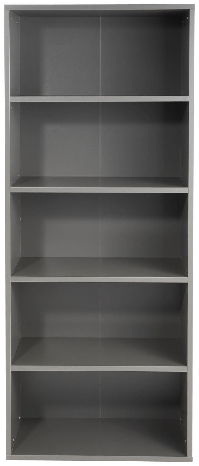 Graues Aktenregal mit fünf offenen Fächern, frontal betrachtet.