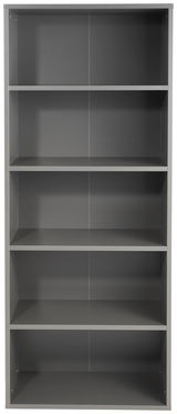 Graues Aktenregal mit fünf offenen Fächern, frontal betrachtet.