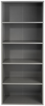 Graues Aktenregal mit fünf offenen Fächern, frontal betrachtet.